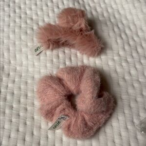 Aerie Blush Fuzzy Hair Clip and Scrunchie Set